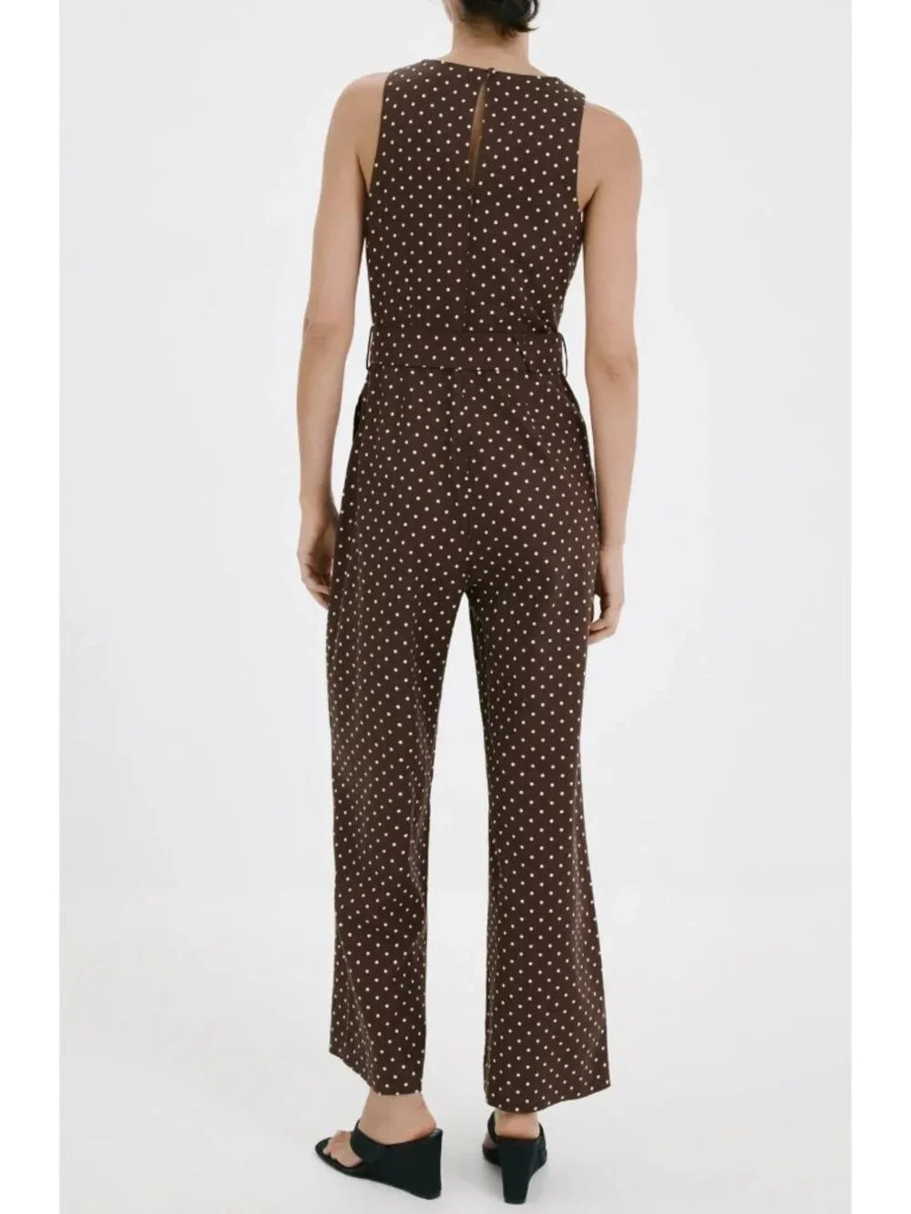Mango Women's Round Neck Polka-Dot Belt Jumpsuit Brown/White NWOT Pockets MED